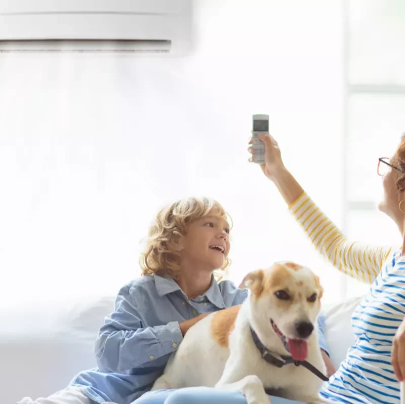 young boy, dog and mom enjoying the cooling power of a mini split AC